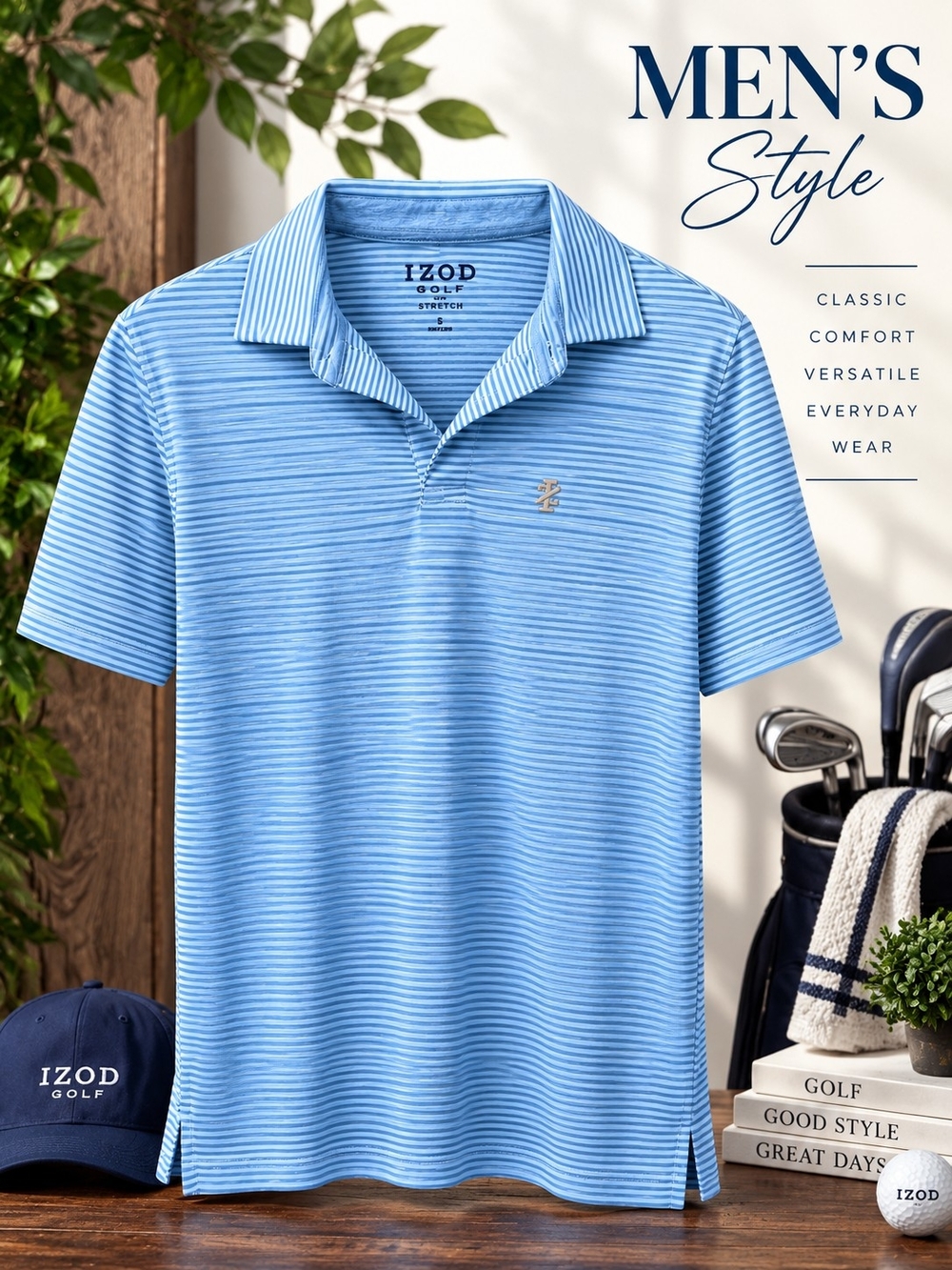IZOD Men's Blue Striped Golf Polo